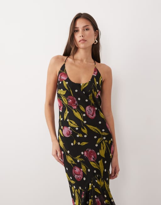 ASOS DESIGN - Maxikjole med havfruesnit og tynde stropper samt flæser og mørkt blomsterprint, 4 af 4