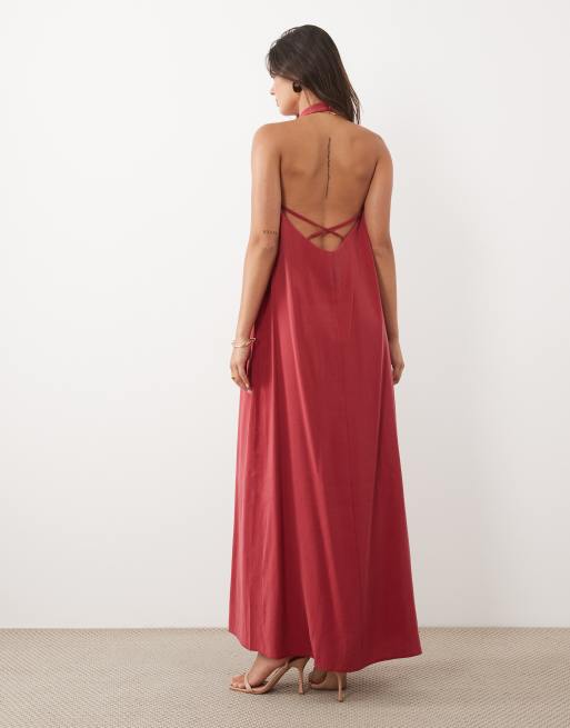 ASOS DESIGN maxikjole med høj rynket hals og åben ryg i burgundy, 4 af 4