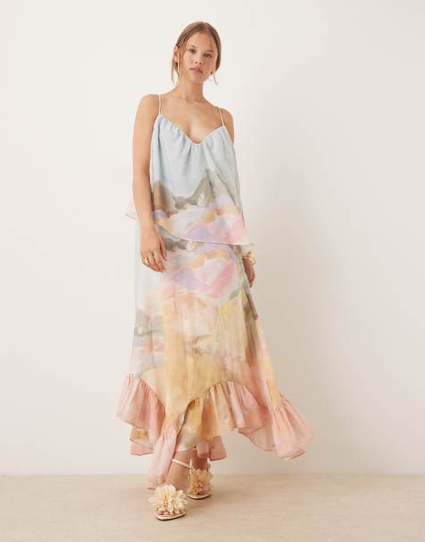 ASOS DESIGN - Maxikjole med hjerteformet hals, peplum-kant og landskabs-/blomstermønster i dobbeltlag - view 1