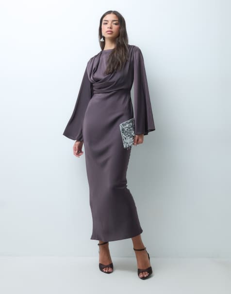 ASOS DESIGN maxikjole med klokkeærmer og drapering i rosinbrun - view 1