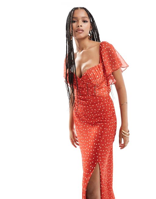ASOS DESIGN - Maxikjole med korset med satindetaljer, flagrende ærmer og mikro-prikker i skråtskåret chiffon