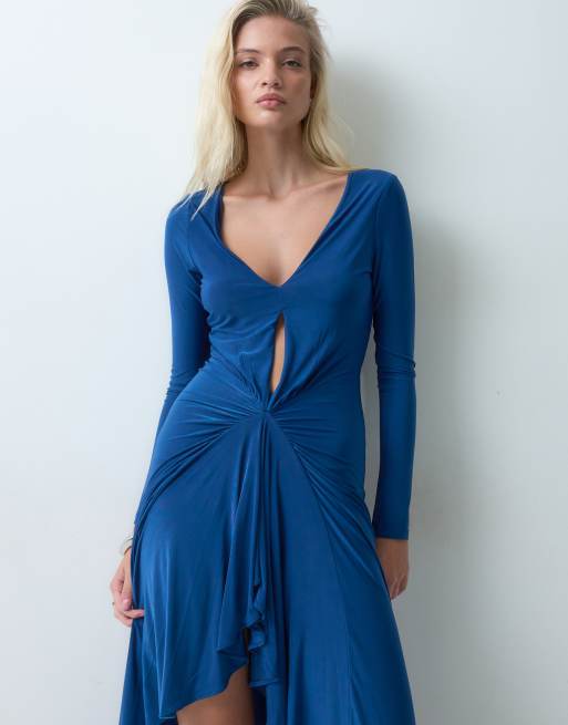 ASOS DESIGN maxikjole med lange ærmer, dyb udskæring og rynket front i teal, 4 af 5