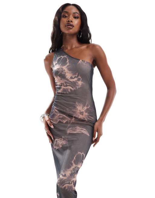 ASOS DESIGN - Maxikjole med oneshoulder-snit og mørkt blomstermønster i mesh