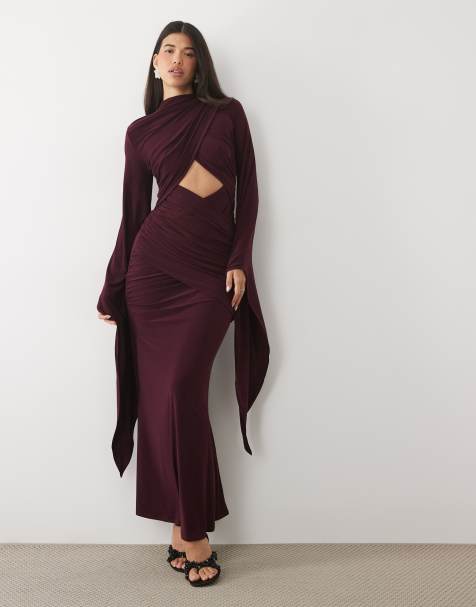 ASOS DESIGN maxikjole med overdrevne ærmer og krydset hals i blomme - view 1