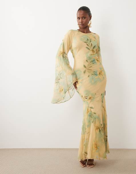 ASOS DESIGN maxikjole med print og pyntede detaljer med voluminøse ærmer i grøn - view 1