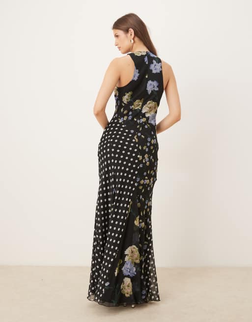 ASOS DESIGN - Maxikjole med racerhals og skråsnit samt kilekant og blandet blomster-/prikprint, 2 af 4