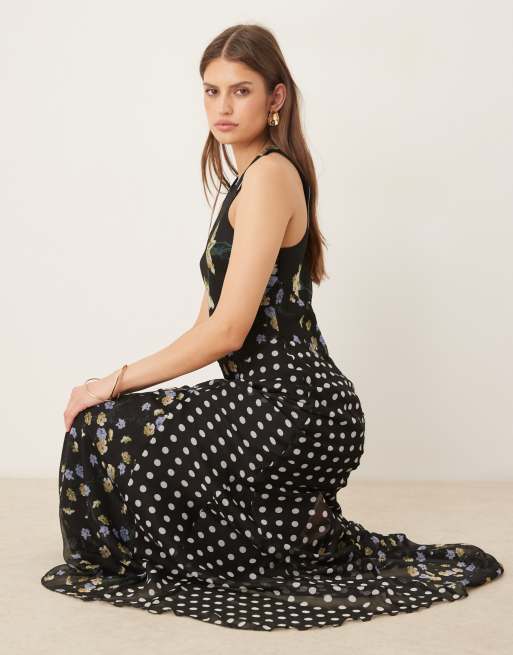 ASOS DESIGN - Maxikjole med racerhals og skråsnit samt kilekant og blandet blomster-/prikprint, 4 af 4