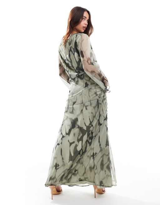 ASOS DESIGN - Maxikjole med rynker og draperingsdetalje i grønt marmorprint, 4 af 4