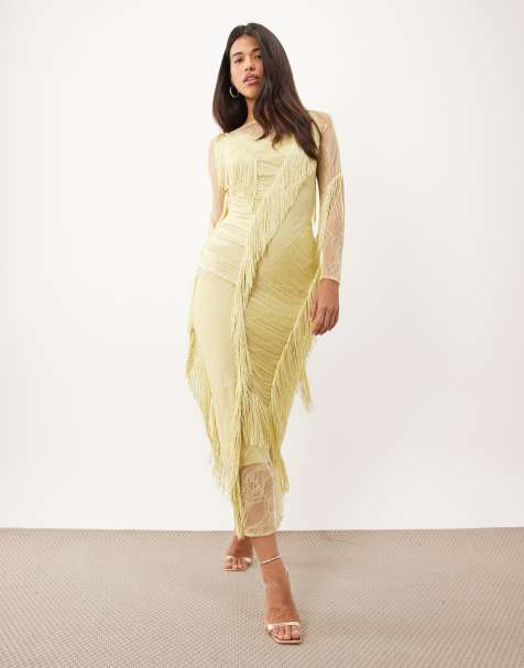 ASOS DESIGN maxikjole med slash neck, blondedetalje og frynser med åben ryg i lys oliven - view 1