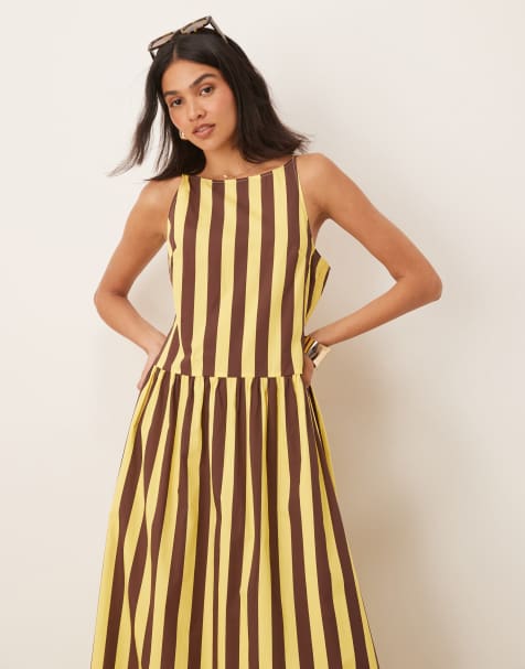 ASOS DESIGN - Maxikjole med sænket talje, racerhals og gule striber i poplin - view 1