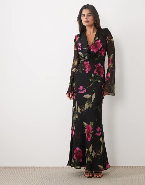 ASOS DESIGN maxikjole med vandfaldsudskæring i chiffon med mørk pink blomsterprint - view 1