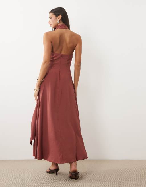 ASOS DESIGN maxikjole med vandfaldsudskæring og dobbelt lag i dyb rød, 4 af 4