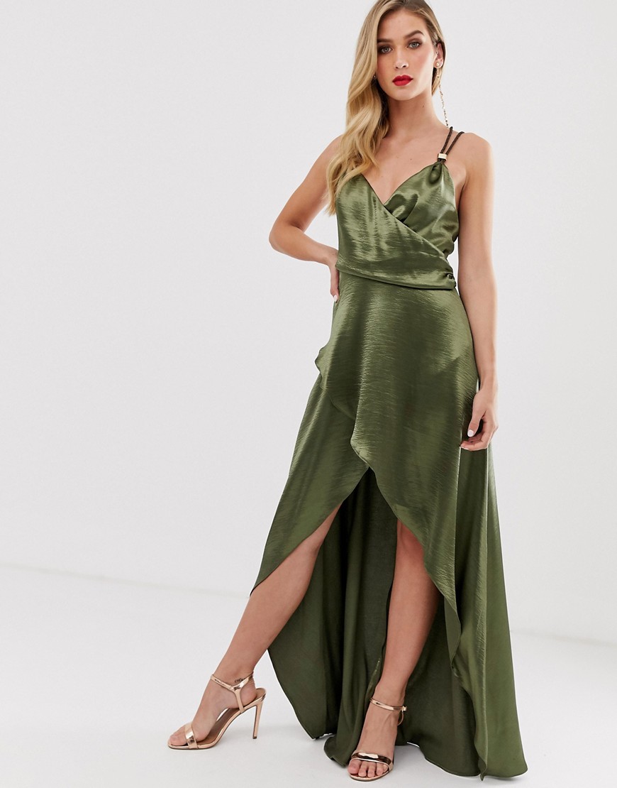 ASOS DESIGN – Maxiklänning i glansig satin med repdetalj-Grön
