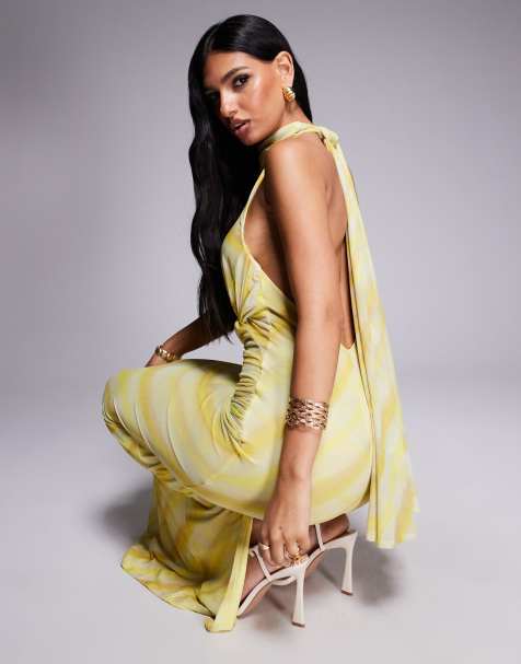 ASOS DESIGN – Maxiklänning i mesh med knytning baktill, snurrad detalj vid bysten och suddigt, randigt mönster - view 1