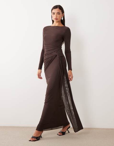 ASOS DESIGN maxiklänning i mesh med långa ärmar i brunt - view 1