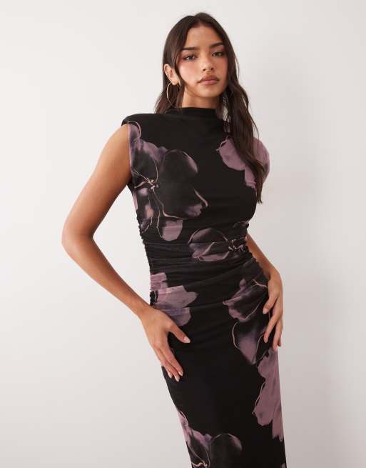 ASOS DESIGN maxiklänning i mesh med tryck, hög krage och axelvaddar i lila blommönster, 2 av 4