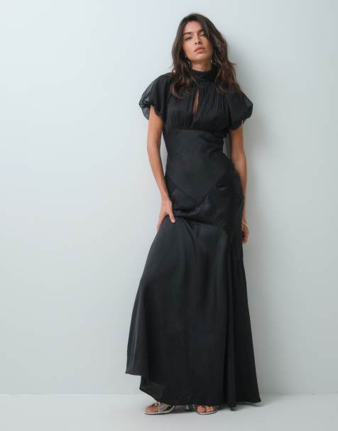 ASOS DESIGN maxiklänning i satin- och chiffongmix med puffärm i svart - view 1