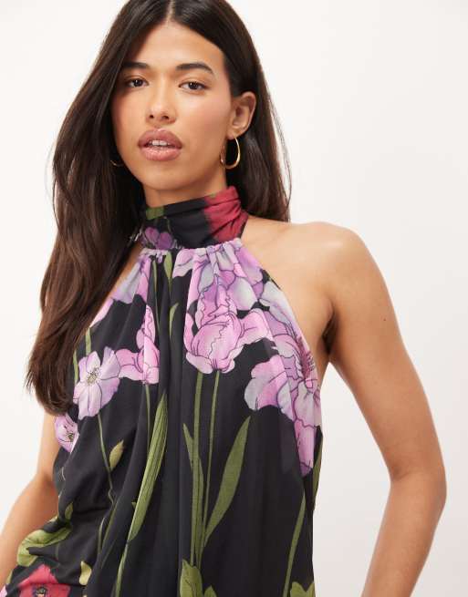ASOS DESIGN maxiklänning i stretchchiffong med sänkt fåll och blommigt tryck i svart, 2 av 4