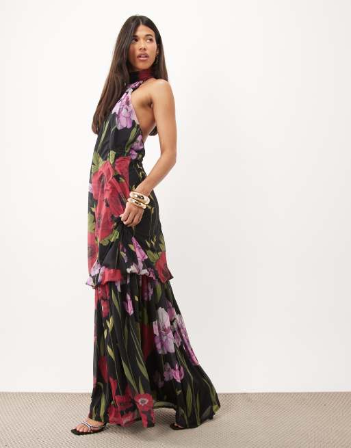 ASOS DESIGN maxiklänning i stretchchiffong med sänkt fåll och blommigt tryck i svart, 3 av 4