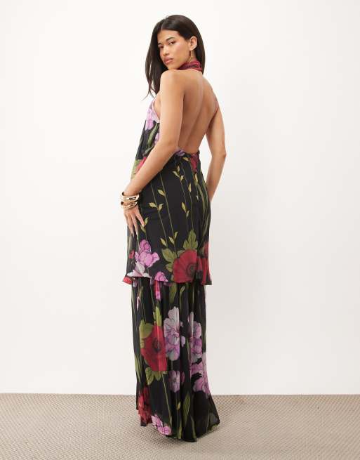 ASOS DESIGN maxiklänning i stretchchiffong med sänkt fåll och blommigt tryck i svart, 4 av 4