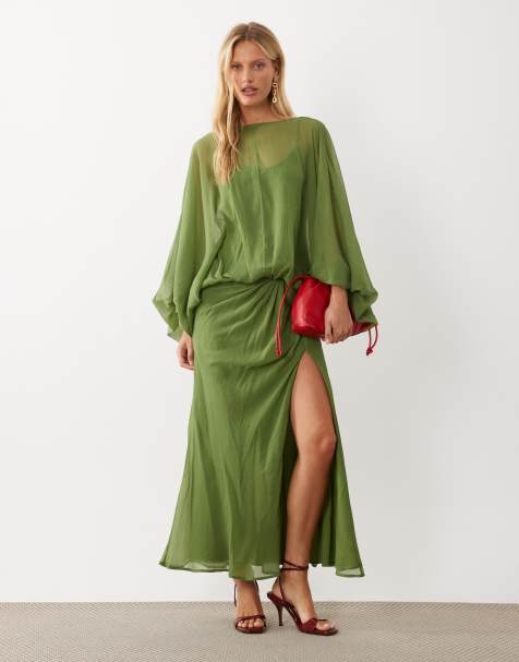 ASOS DESIGN maxiklänning med ballongärmar och blousonmidja i olivgrönt - view 1
