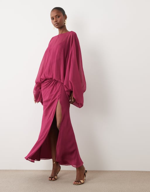 ASOS DESIGN maxiklänning med ballongärmar och markerad midja i rosa, 3 av 4