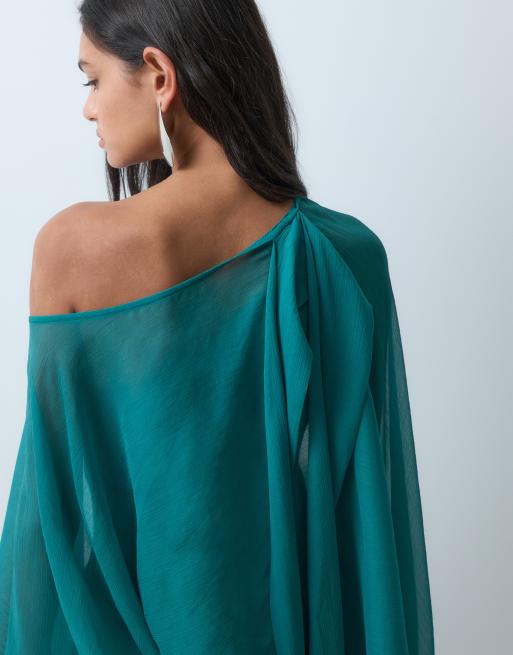 ASOS DESIGN maxiklänning med bara axlar i chiffongcape och scarf i tealgrön, 3 av 5