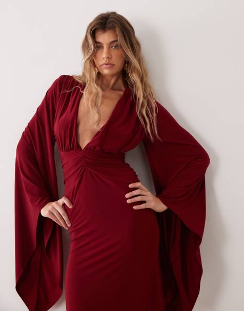 ASOS DESIGN maxiklänning med batwing-ärmar och djup ringning i vinrött - view 1