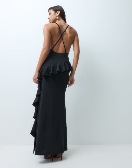 ASOS DESIGN maxiklänning med djup ringning och volangdetalj i svart, 2 av 5