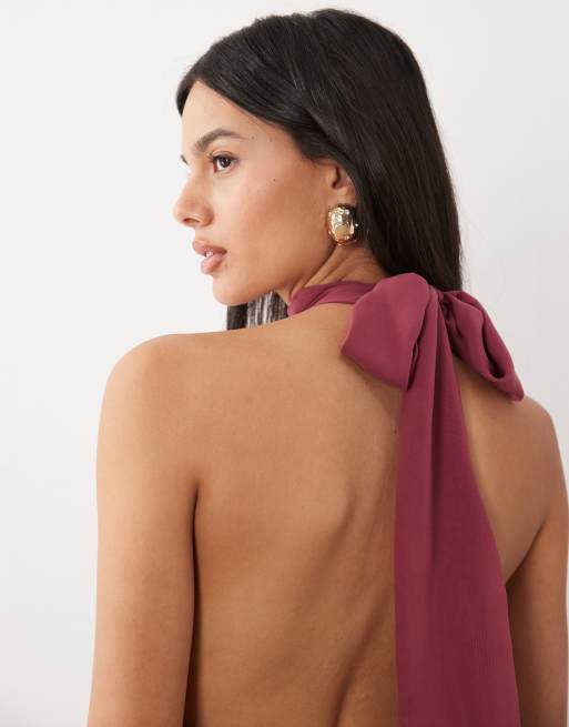 ASOS DESIGN maxiklänning med halterneck och chiffongscarfdetalj i hallonrött, 4 av 4