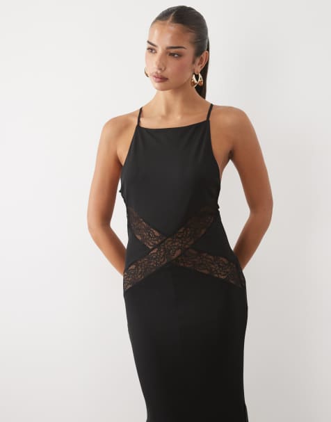 ASOS DESIGN maxiklänning med hög hals och halterneck med korslagd spetsdetalj i svart - view 1