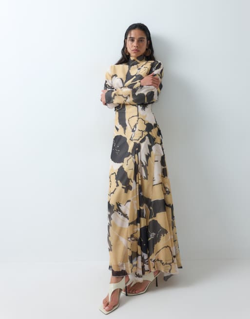 ASOS DESIGN maxiklänning med hög krage och asymmetrisk midja i brun blommig, 3 av 5