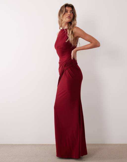 ASOS DESIGN maxiklänning med ruchad midja i vinrött, 3 av 4