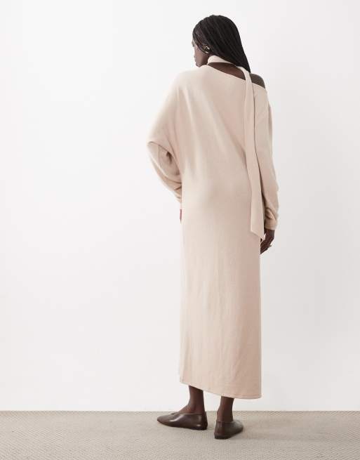 ASOS DESIGN maxiklänning med scarfdetalj och bara axlar i cream, 4 av 4