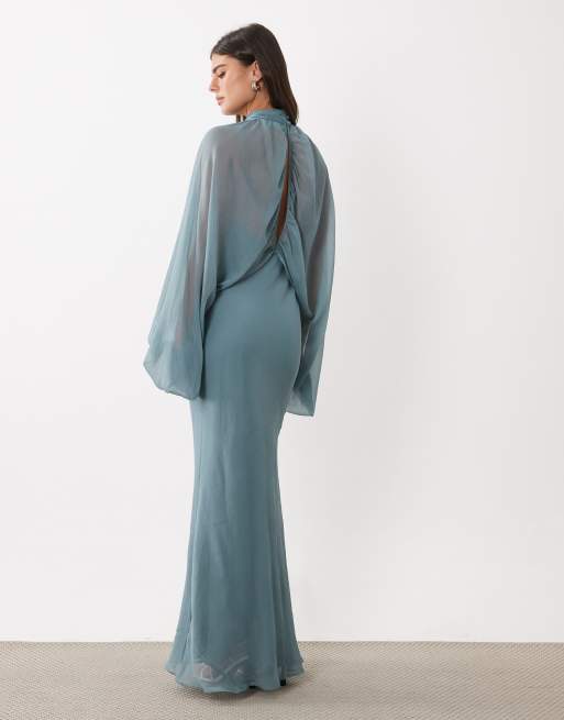 ASOS DESIGN maxiklänning med underklänning i steel blue, nyckelhålsöppning, överlager och blusärmar, 2 av 4