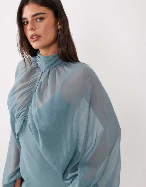 ASOS DESIGN maxiklänning med underklänning i steel blue, nyckelhålsöppning, överlager och blusärmar, 3 av 4