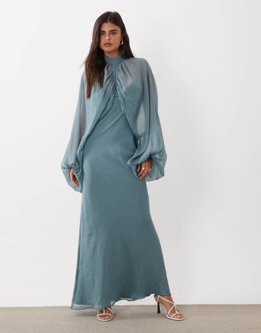 ASOS DESIGN maxiklänning med underklänning i steel blue, nyckelhålsöppning, överlager och blusärmar, 4 av 4