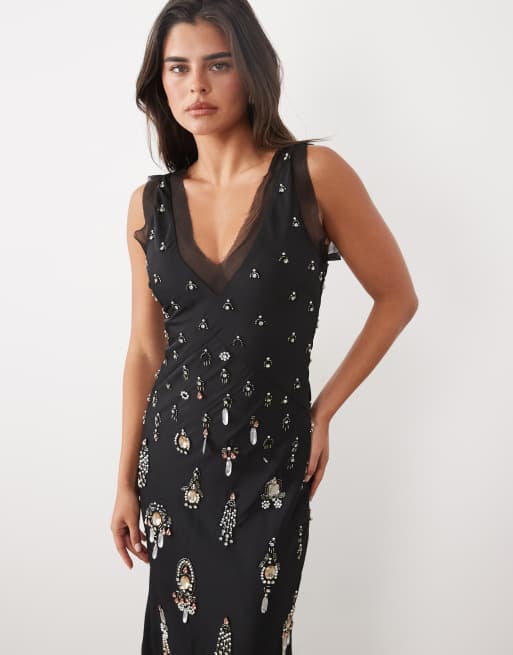 ASOS DESIGN maxiklänning med v-ringning och juvelutsmyckning i svart, 3 av 4
