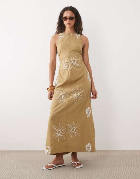 ASOS DESIGN – Maxikleid aus Baumwoll-Leinen in Steinbeige mit maritimer Stickerei in Cremeweiß - view 1