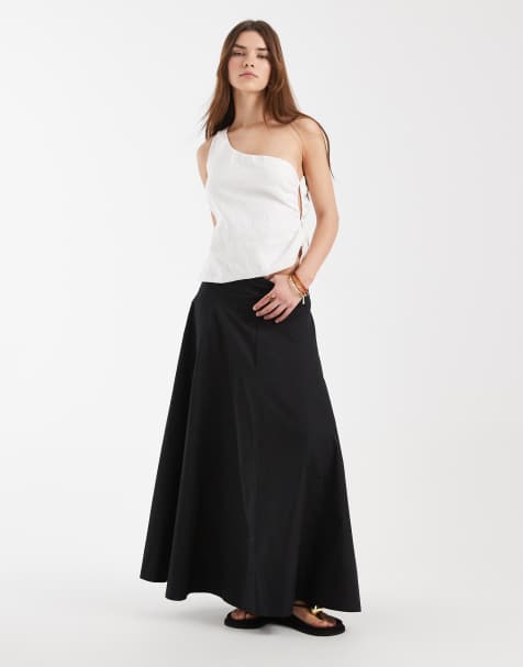 ASOS DESIGN – Maxikleid aus Baumwoll-Popeline in Schwarz mit tiefer Taille und Godet-Details - view 1