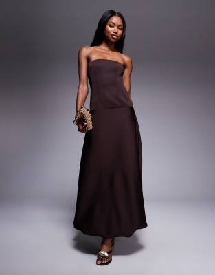 ASOS DESIGN - Maxikleid aus Baumwolle in Schokobraun mit tiefer Taille und Ballonsaum