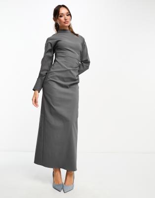 ASOS DESIGN - Maxikleid aus Bengaline in Schiefergrau mit geraffter Taille und Bindedetail am den Manschetten