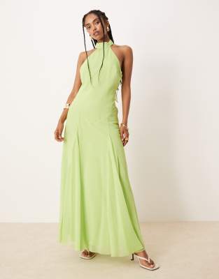 ASOS DESIGN - Maxikleid aus Chiffon in leuchtendem Grün mit tiefer Taille und Neckholder