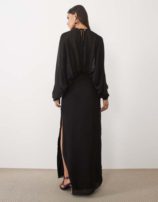 ASOS DESIGN Maxikleid aus Chiffon mit Fledermausärmeln in Schwarz, 4 von 4