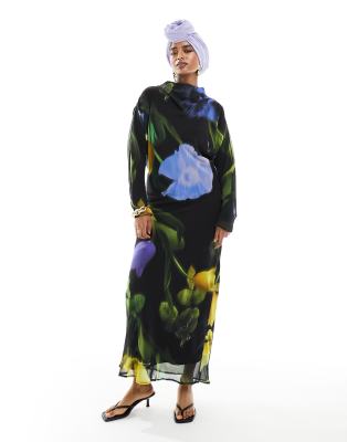 ASOS DESIGN - Maxikleid aus Chiffon mit verschwommenem Blumenmuster-Bunt