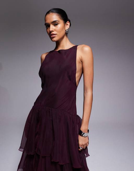 ASOS DESIGN – Maxikleid aus Chiffon und Organza in Pflaume mit tiefer Taille und Rüschen, 2 von 4