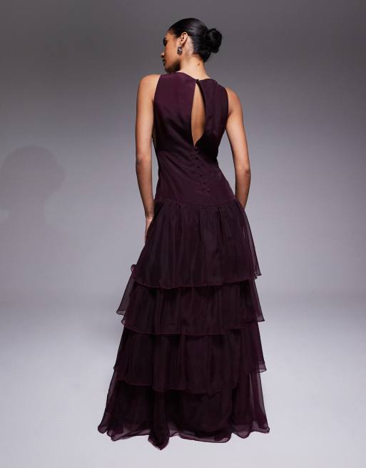 ASOS DESIGN – Maxikleid aus Chiffon und Organza in Pflaume mit tiefer Taille und Rüschen, 3 von 4