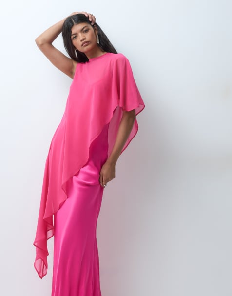 ASOS DESIGN Maxikleid aus Chiffon- und Satinmix mit Cape in Rosa - view 1