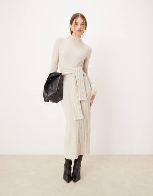 Thumbnail - ASOS DESIGN - Maxikleid aus flauschigem Grobstrick mit gewickelter Taille-Weiß