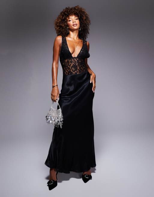 ASOS DESIGN – Maxikleid aus kontrastierendem Satin-Spitzenmix in Schwarz